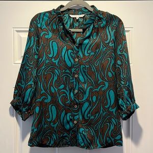 Trina Turk Teal Brown Paisley Silk Blouse Size: S